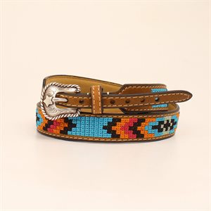 M & F leather hat band with multicolored fabric overlay