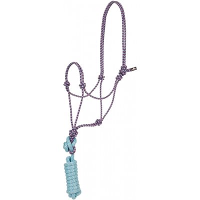  Mustang Economy Rope Halter With Lead- Turquoise, navy and raspberry