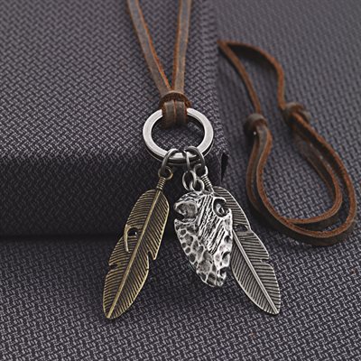 Twister leather necklace for men with silver feathers