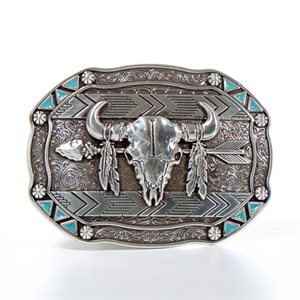 Nocona belt buckle - Bull skull with arrows and feathers