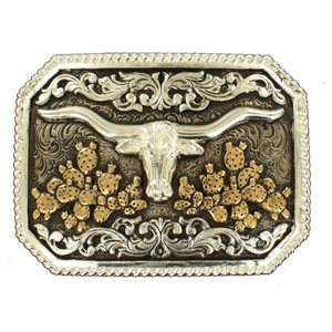 Crumrine belt buckle with bull head and cactus