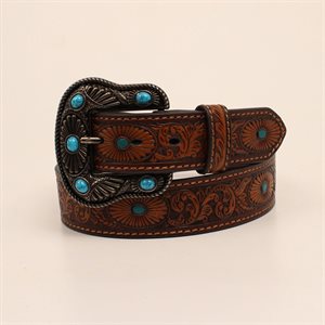 Nocona ladies floral embossing belt - Brown and turquoise