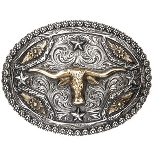 AndWest Two Toned Longhorn with Stars Belt Buckle