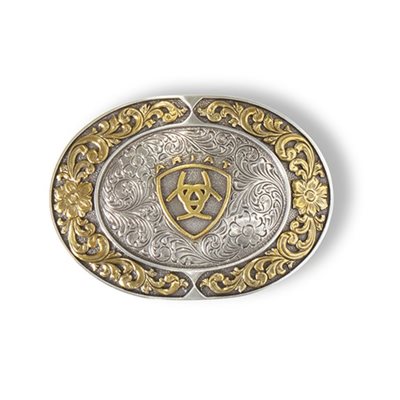 Ariat oval belt buckle - Silver antique and gold antique with logo 