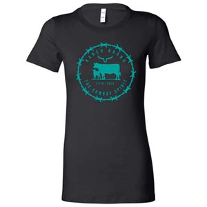 Ranch Brand Ladies Barb Wire Western T-Shirt - Black with Turquoise Logo